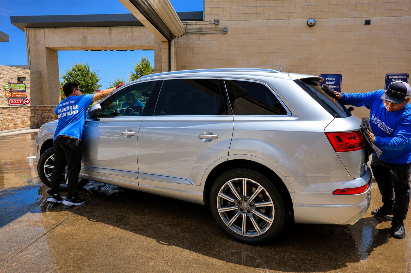 Two crew members hand-drying a silver SUV under the canopy