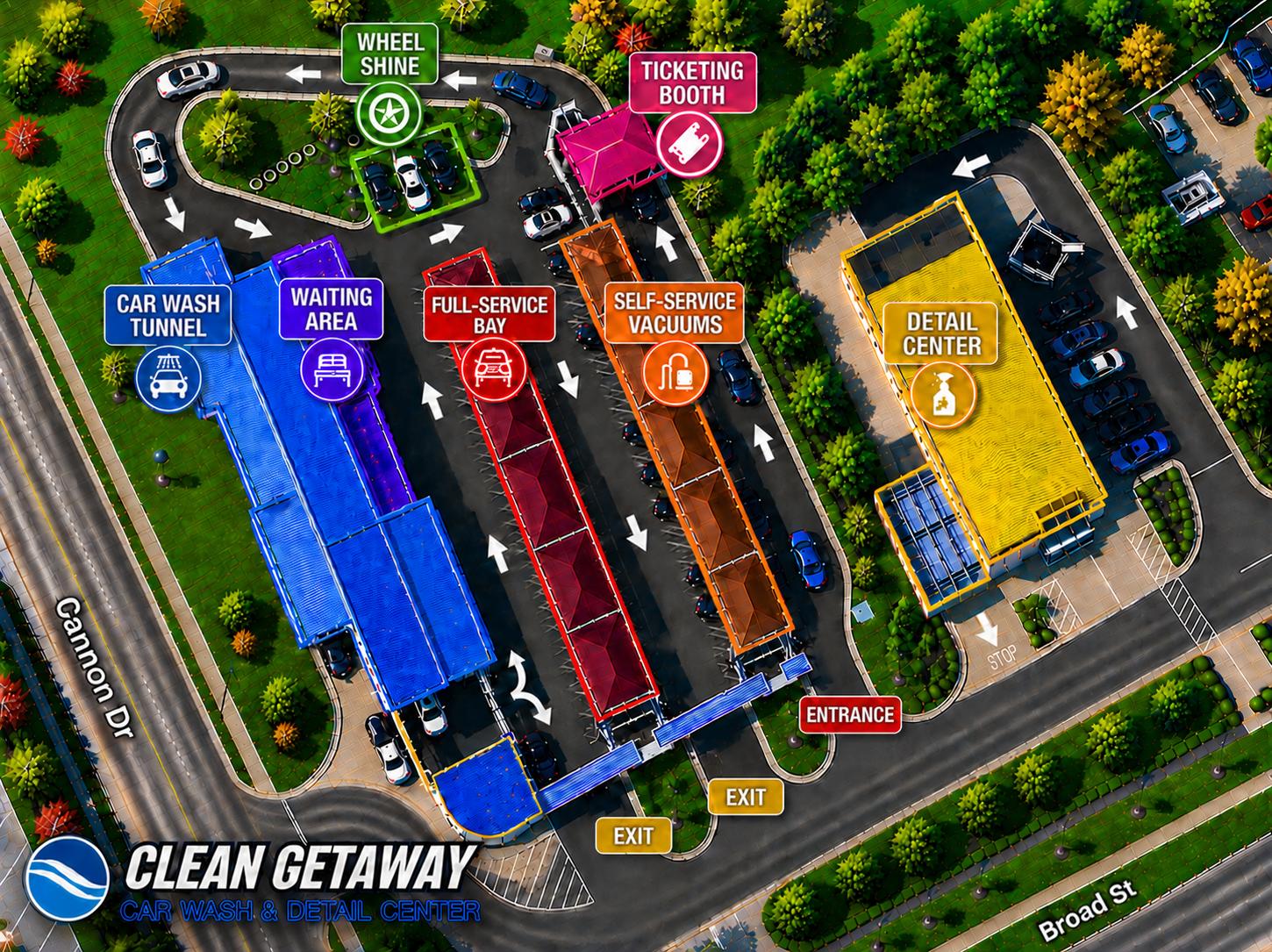 Illustrated top-down map of the Clean Getaway property at Cannon Dr and Broad St: marked entrance and exits, ticketing booth, car wash tunnel, wheel shine, waiting area, full-service bay, self-service vacuums, and the Detail Center building
